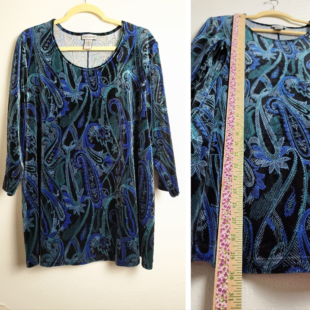Catherine's 1X 18/20W Blue Burnout Velvet Paisley Tunic Top 3/4 Sleeve
